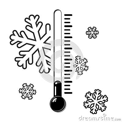 Cold thermometer with a snowflakes in black and white style. Temperature weather thermometers meteorology, temp control Vector Illustration